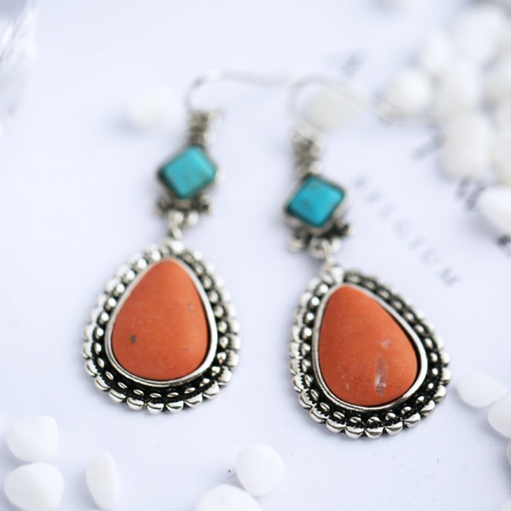 🌸Bohemian Water Boho Drop Orange Stone Vintage Earrings for Women, UNVN12426 - Picture 2 of 5